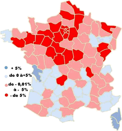 Variation par dpartements entre 2000 et 2001 - source C.S.P.